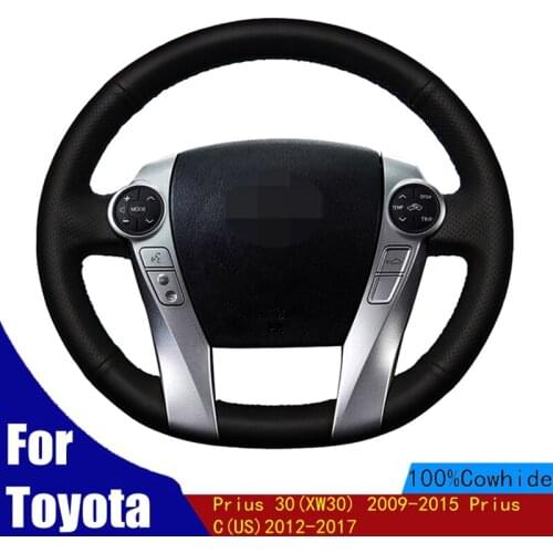 Hand-stitched Car Steering Wheel Cover Soft Black Genuine Leather For Toyota Prius 30(XW30) 2009-2015 Prius C(US)2012-2017