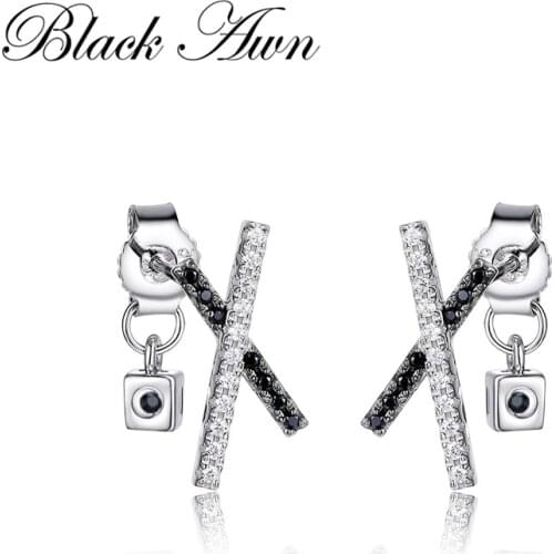 Black Awn 2020 New Cute 925 Sterling Silver Black Spinel Trendy Engagement Earrings for Women Fine Jewelry Gift I159