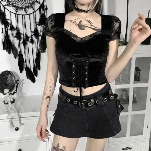 Black lace sexy street womens suede stitching square neck short-sleeved top womens eyelet straps are thin womens clothing