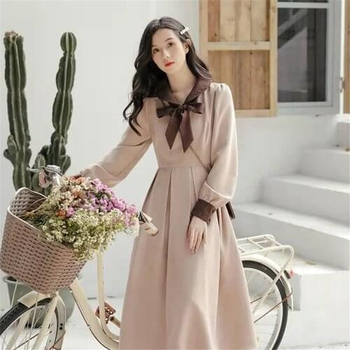 French Corduroy Dress Women 2021 New Vintage Elegant Ladies Bow Long Sleeve Dresses for Spring Autumn