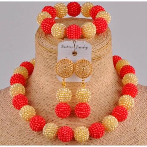 Graceful red and champagne gold simulated pearl bead african jewelry set FZZ97-07