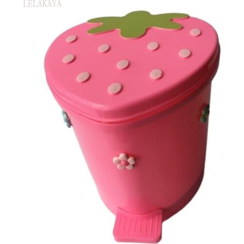 Korean Style Pink Strawberry Waste Bin Desktop Portable Plastic Garbage Basket Home Bedroom Storage Bucket Trash Can Container