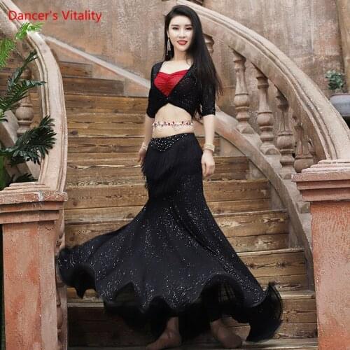 Belly Dance Suit Water Yarn Top Half Sleeve Tassel Sequins Skirt Practice Clothes Female Oriental Dancing Performance Clothing