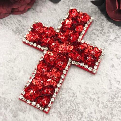 Handmade Red Sequin Rose Flower Cross Rhinestone Beaded Sew on Clothes, Hats, Shoes, Bags,Patch Decorated