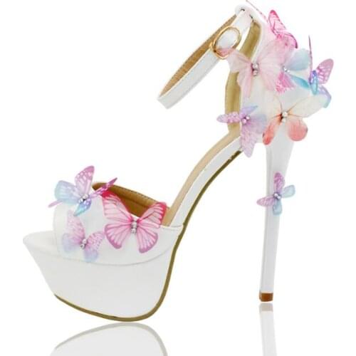 Moraima Snc White Lace Flower High Heel Sandals Woman Butterfly Decorations Platform Pumps Sexy Peep Toe Ankle Strap Dress Shoes