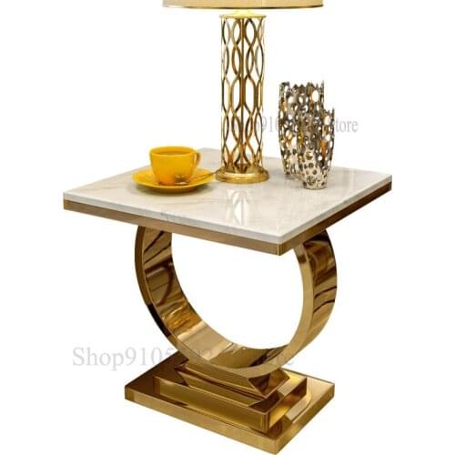 Stainless Steel Side Table, Light Luxury, Modern Minimalist Sofa Side Table European Style Gilded Marble Small Coffee Table Squa