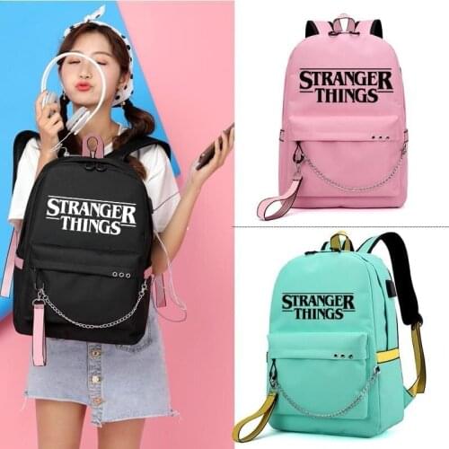 Stranger Things Backpack Canvas Student Bookbag Fashion Letters Print Shoulder Bag for Girls Pink Ribbons Rucksack USB Charging