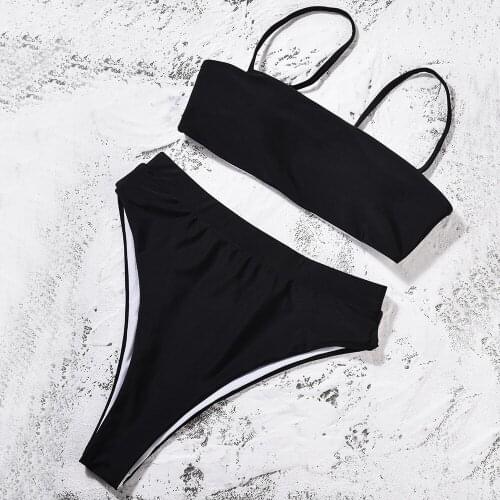 Solid Spaghetti Strap Bikini Womens High Waisted 2 Piece Swimsuit Push Up Sling Swimwear Maillot De Bain Femme 2021 #T2P