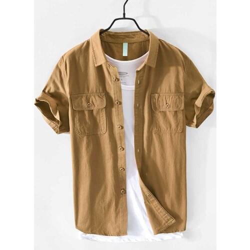 Spring Summer Short Sleeve Shirt Men Casual Cotton Fashion Clothing with Front Pocket Military Vintage Style