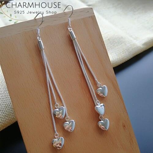 Charmhouse 925 Silver Earrings for Women Long Tassel Hearts Earing Brincos Femme Pendientes Fashion Jewelry Bijoux Party Gifts