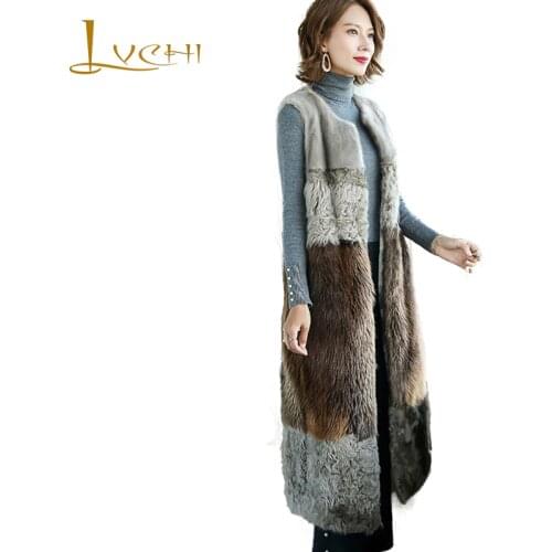 LVCHI 2019 New Patchwork Beaver Fur Warm Natural Mink Fur Jacket O-Neck Contrast Color Fur Coat Womens Medium Fox Vest Coats