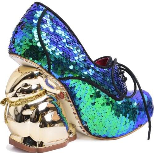 Dipsloot Gold Rabbit Heels Strange Style Pumps Woman Black Pink Blue Round Toe Flower Sequins Mary Jane Lace Up Wedding Shoes