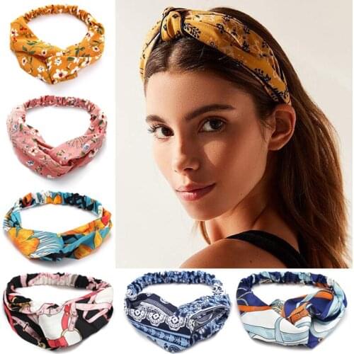 Women Hair Accessories Bohemian Floral Print Cross Knot Turban Headband Bandeau Colorful Elastic Hair Band for Girls Cheveux
