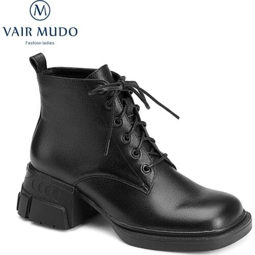 VAIR MUDO Women Ankle Boots Shoes Thick Heel Square Toe Black White Lace Up Elegant Motorcycle Boots Shoes Solid DX126L