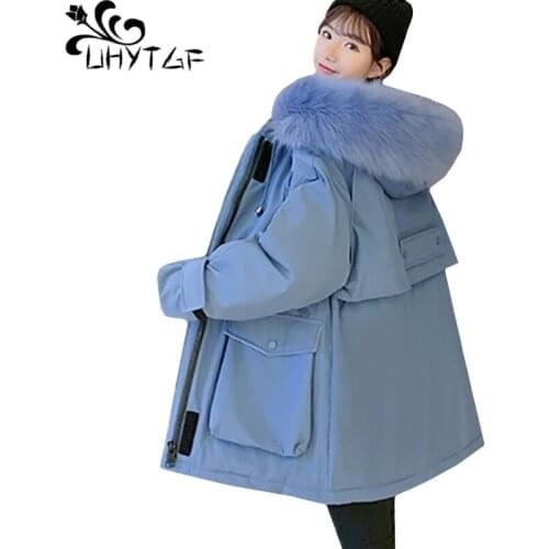 UHYTGF Woman parkas winter jacket Female fur collar hooded cold-proof warm jacket elegant student loose plus size outerwear 1768