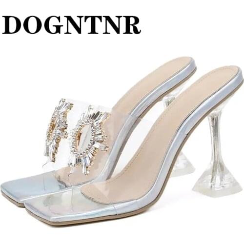 Summer New Fashion PVC Transparent Rhinestone Womens High Heels Square Toe Sexy Crystal High Heels Slippers Sandals Large Size