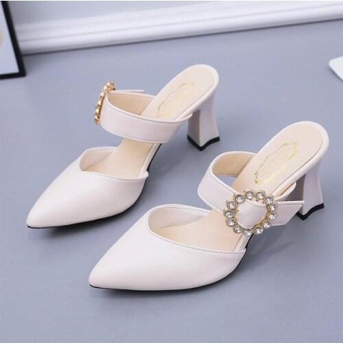 Women Sexy Party Pumps 7cm High Heels Mules Buckle Soft Leather Sandals Office Shoes