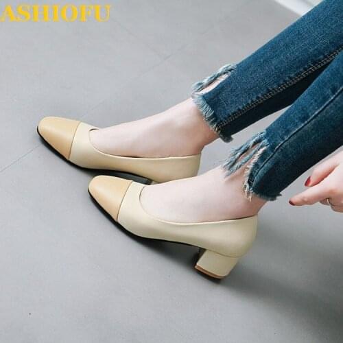 ASHIOFU Handmade Wholesale Womens Block Heels Pumps Twotone Slip-on Party Prom Dress Shoes Three Colors Option Fashion Shoes