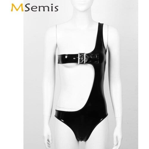 Women Wet Look PVC Leather Leotard Fashion One Shoulder Hollow Out Latex Body Romper Clubwear Pole Dance Bodysuit Sexy Nightwear