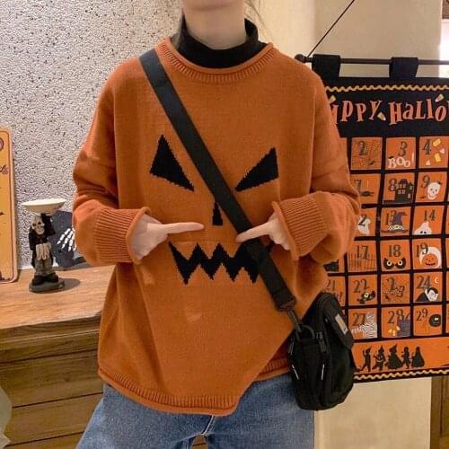 Womens Knitted Pullover Halloween Vintage Pumpkin Faces Orange Sweater Wholesale 2021 New Fashion Female Winter Clothing