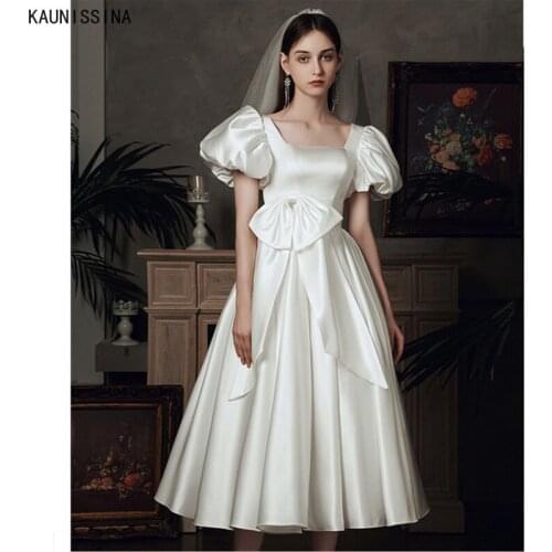 KAUNISSINA A Line Corset Wedding Dresses Square Collar Bownot Wedding Gown for Bride Vestido De Novia Vintage Satin Bridal Dress