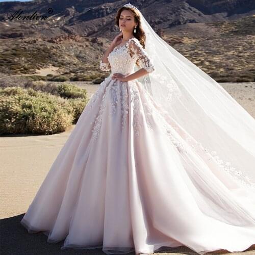 Alonlivn Plus Size Beading 3D Floral Print A-Line Wedding Dress With Half Sleeves Elegant Organza Button