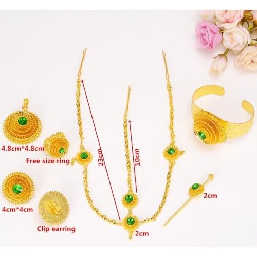 Gold Ethiopian Jewelry 6pcs sets Necklace Pendant Earrings Ring Bangle Eritrea Habesha Africa Bridal Wedding Set Gift