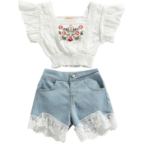 2021 3-8Y Fashion Kids Baby Girl Clothes Set Lace Flower Embroidery Puff Short Sleeve Square Collar Crop Top+Denim Shorts 2pcs