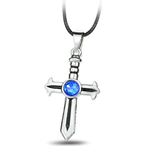 Anime Fairy Tail Necklace Gray Fullbuster Cross Blue Crystal Silver Color Pendant Jewelry For Men Women Cosplay Figure Toy
