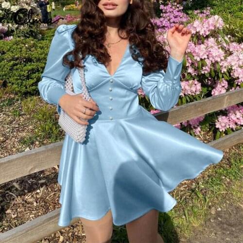 Celmia 2021 Women Satin V Neck Mini Dress Fashion Lantern Long Sleeve High Waist Solid Color Dress Elegant Casual Swing Vestidos