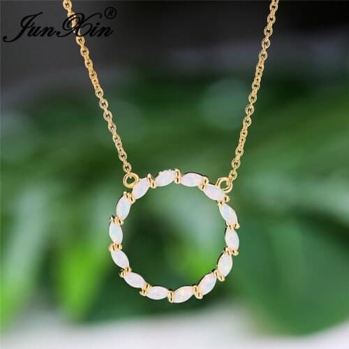 Minimalist Round Circle Pendant Oval White Fire Opal Necklaces For Women Yellow Gold Wedding Clavicle Necklace Jewelry