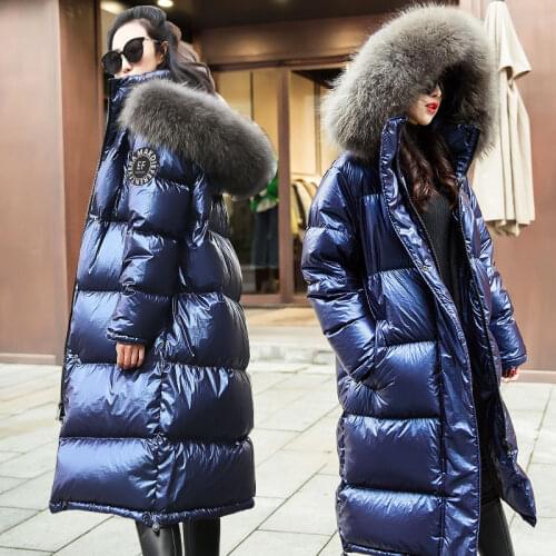 2019 Fashion Women Winter Down Jacket Chic Big Fur Warm Ultra Light Long Coat Female Parka Hooded Woman Glossy Jackets Oversized