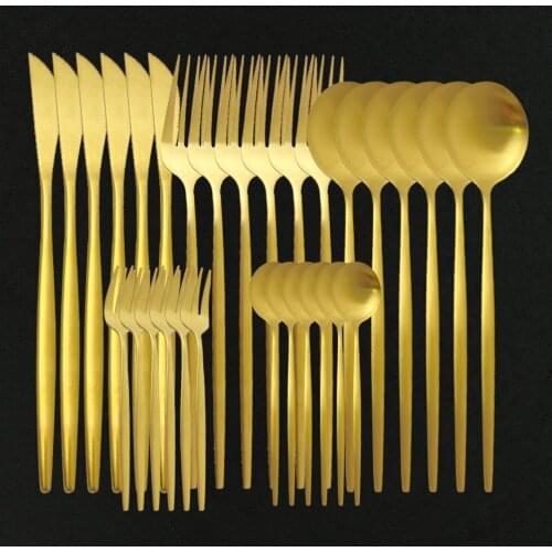 Gold Matte 30Pcs Dinnerware Flatware Cutlery Set Stainless Steel Tableware Knife Kitchen Cake Fork Coffee Spoon Silverware Set