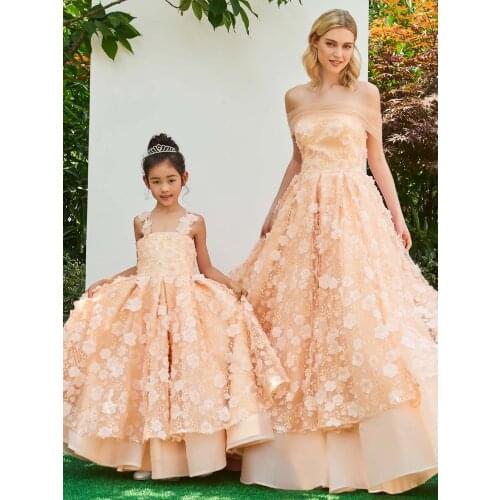 Tanpell Parent-Child Champagne A-Line Flower Girl Dress Three-Dimensional Flower Lace Organza Wedding Party Flower Girl Dress