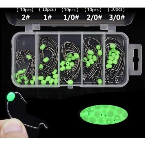101pcs/lot Portable Fishing Crank Hooks Luminous Soft Beads Suit Hooks Size 2# 1# 1/0# 2/0# 3/0# with Fishing Tackle Box