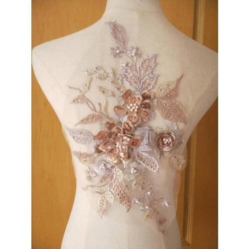 Rose Gold Sequined Lace Applique 3D Lace Applique With Rhinestones 3d Flower Applique