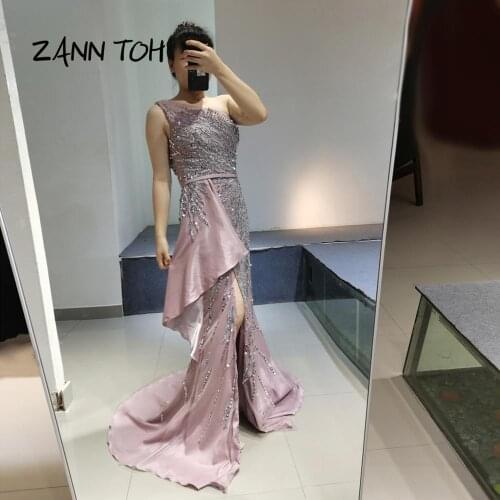 Pink Evening Dresses For Women Long 2020 Elegant Beading Asymmetrical Floor Length Party Gowns Robe De Soiree