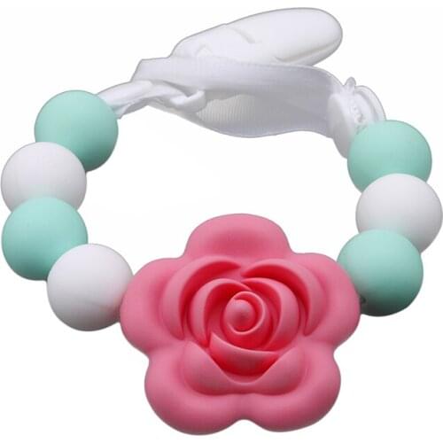 Silicone Pacifier Clips Funny Nipple Chain Safe Teething Chains Baby Rose Flower Bead Infant Attache Sucette Dummy Clip