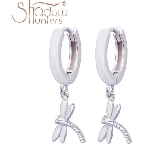 SHADOWHUNTERS Sterling Silver 925 Dragonfly Drop Earrings For Women Trendy Jewelry Silver Animal Insect Huggies Earring For Gift