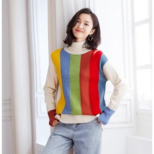 Ladies Turtleneck Patchwork Color Soft Sweater Pullovers Spring Autumn Lady Colorful High Collar Sweater Long Sleeve