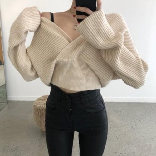 Knitted Female Casual Sweater Sexy Criss-cross V-neck Autumn Winter Knitwear Elegant OL Pullover Stylish Knitted Top Pull Femme