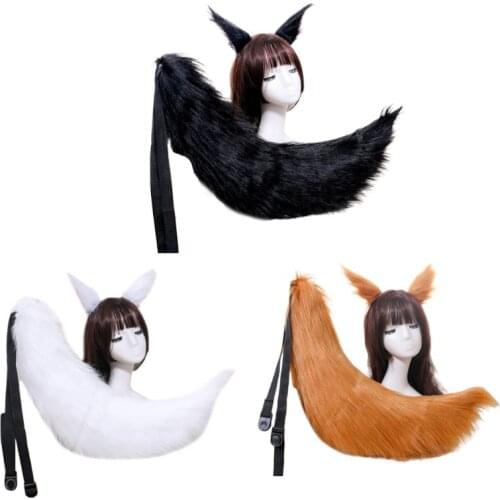 Japanese Anime Cosplay Costume Accessory Adult Kids Fluffy Plush Cat Wolf Ears Hair Clips Solid Color Long Animal Tail