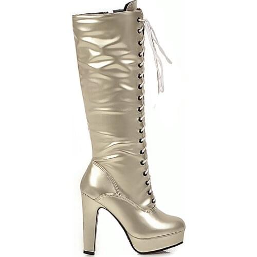 RIBETRINI Quality Petent PU Boots Ladies Cross Tied Mid Calf Boots Women Fashion Square High Heels Shoes Women Plus Size 34-48