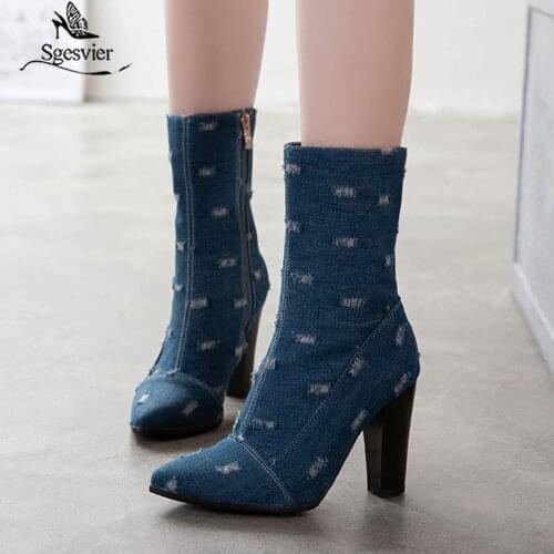 Sgesvier Plus Size 33-50 Denim boots short Pointed Toe Women Autumn winter High Heels Zipper Ankle Boots Shoes Woman Lightblue
