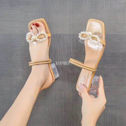 Hot 2021 Fashion Square Toe High Heel Sandals Ladies Elegant Pearl Peep Slides Sandal Shoes Flip Flop Indoor Kopmkp House Mule