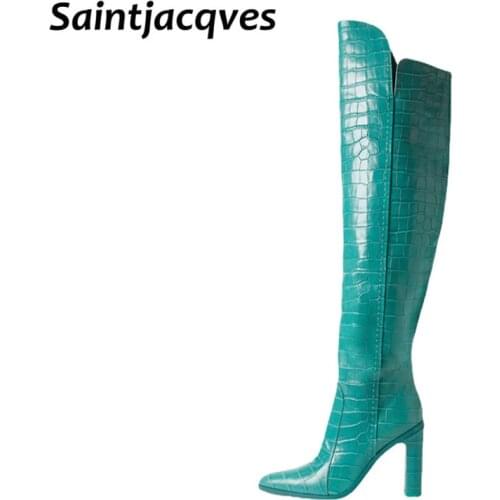 Crocodile Leather Knee High Boots Women Sexy Chunky High Heels Long Boots Female Winter Party Shoes Cowboy Knight Boots