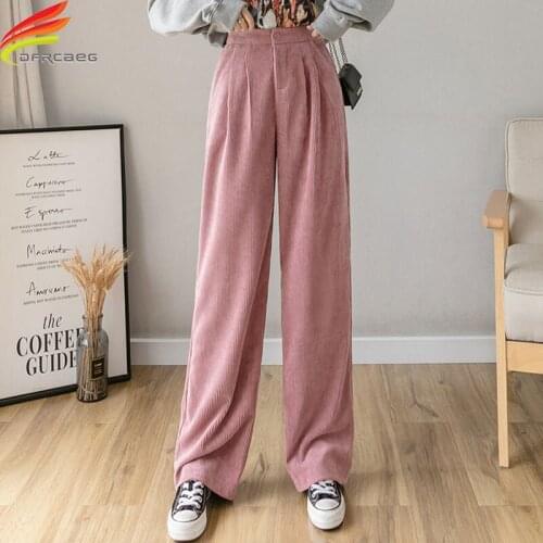 New 2020 Winter Corduroy Pants Women With Pockets Gray Beige Black Pink Loose High Waist Wide Leg Pants Woman Trousers Hot Sale