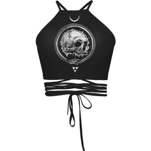 Digital printing black womens sexy lace-up small vest led a word backless top fashion leisure top