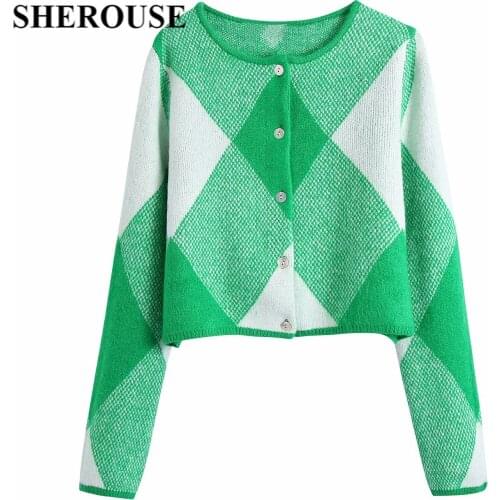 SHEROUSE Women Fashion Knitted Cardigan Single-breasted Long Sleeves O-Neck Vintage Woman Argyle Plaid Knit Sweater Chic Tops