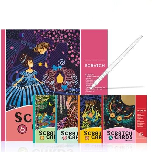 1 Set 6pcs Magic Fairy tale theme Color Scratch Art Paper Coloring Cards Scraping Drawing Toys for Children educational gift